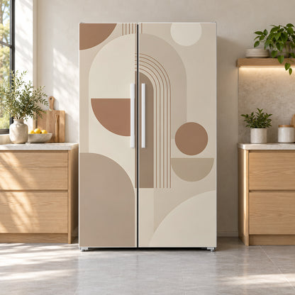 Beige Scandi Geometric fridge wrap on a side-by-side refrigerator
