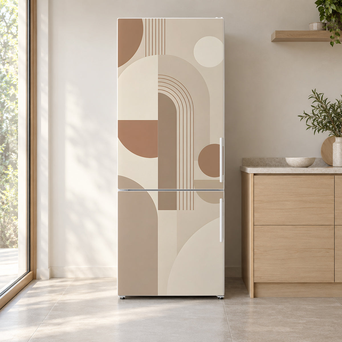 Beige Scandi Geometric fridge wrap on a white refrigerator in a bright kitchen