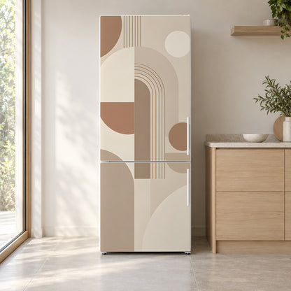 Beige Scandi Geometric fridge wrap on a white refrigerator in a bright kitchen