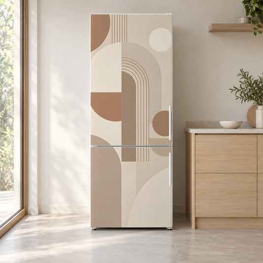 Beige Scandi Geometric fridge wrap on a white refrigerator in a bright kitchen