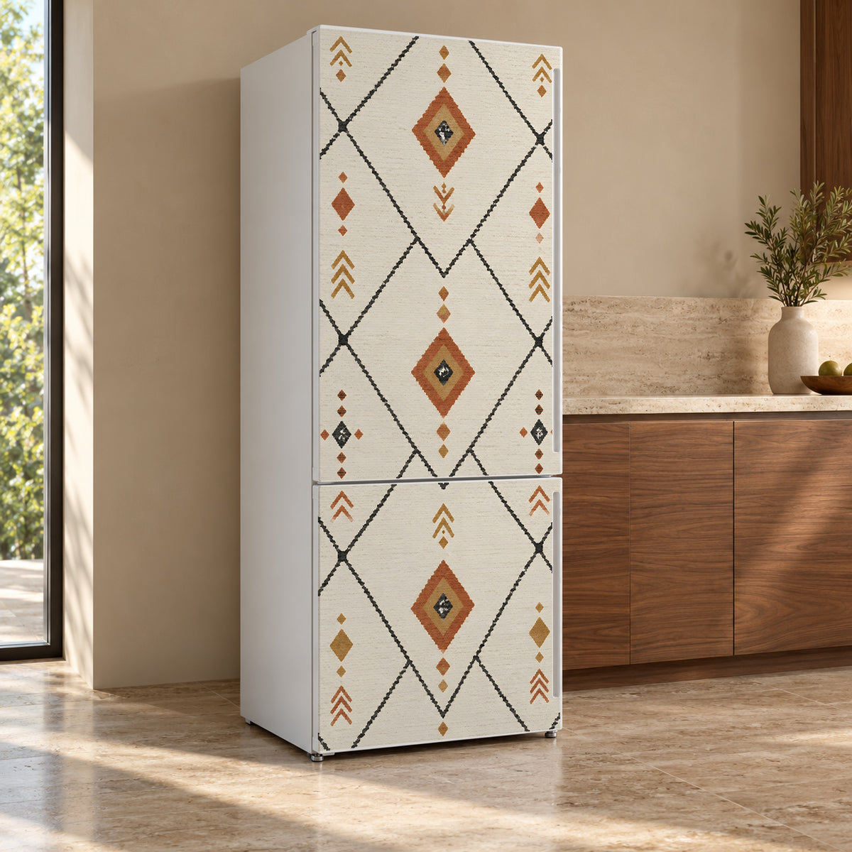 Berber Rug Pattern fridge wrap, refrigerator shown at an angle