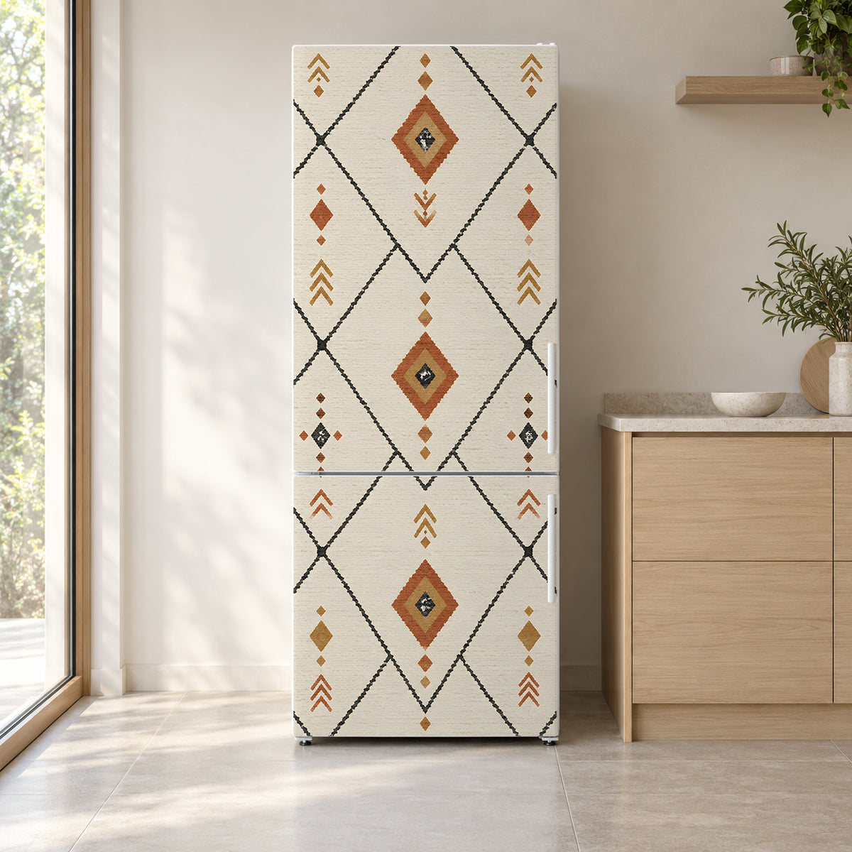 Berber Rug Pattern fridge wrap on a white refrigerator in a bright kitchen
