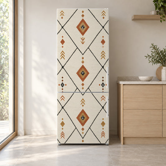 Berber Rug Pattern fridge wrap on a white refrigerator in a bright kitchen