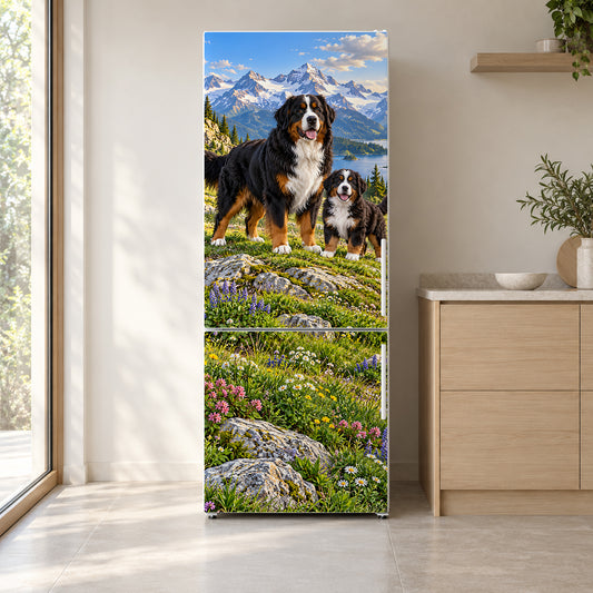 Bernese Mountain Dogs fridge wrap on a white refrigerator in a bright kitchen