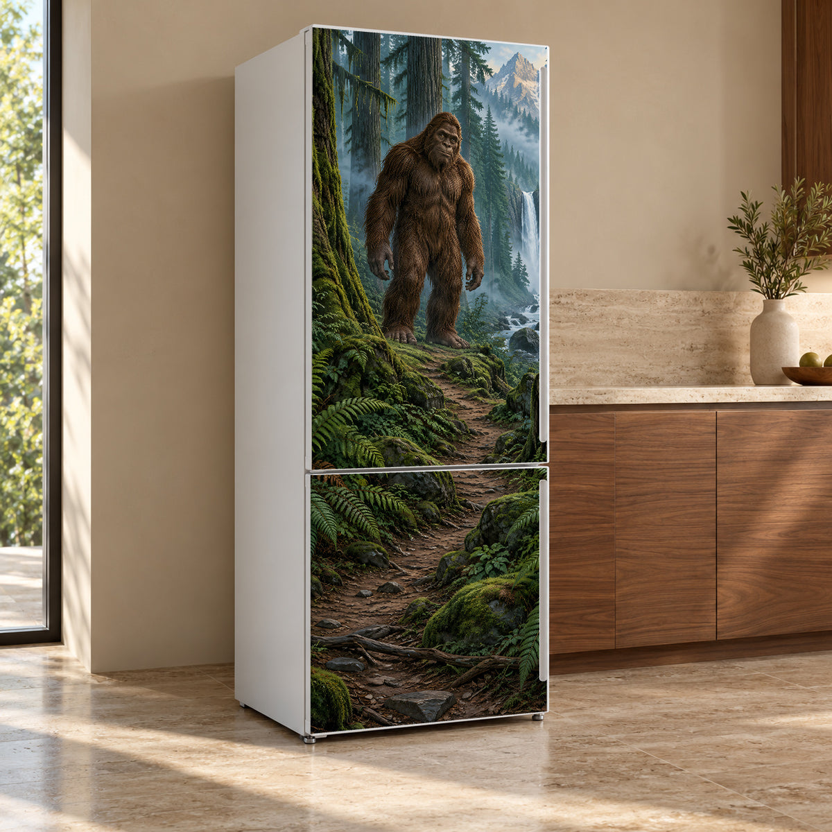 Bigfoot in the Forest fridge wrap, refrigerator shown at an angle
