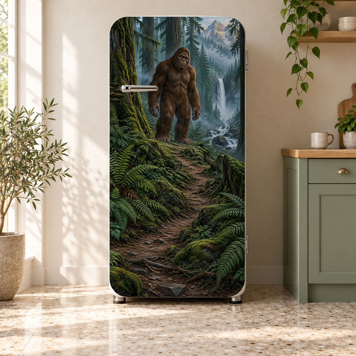 Bigfoot in the Forest fridge wrap on a retro refrigerator