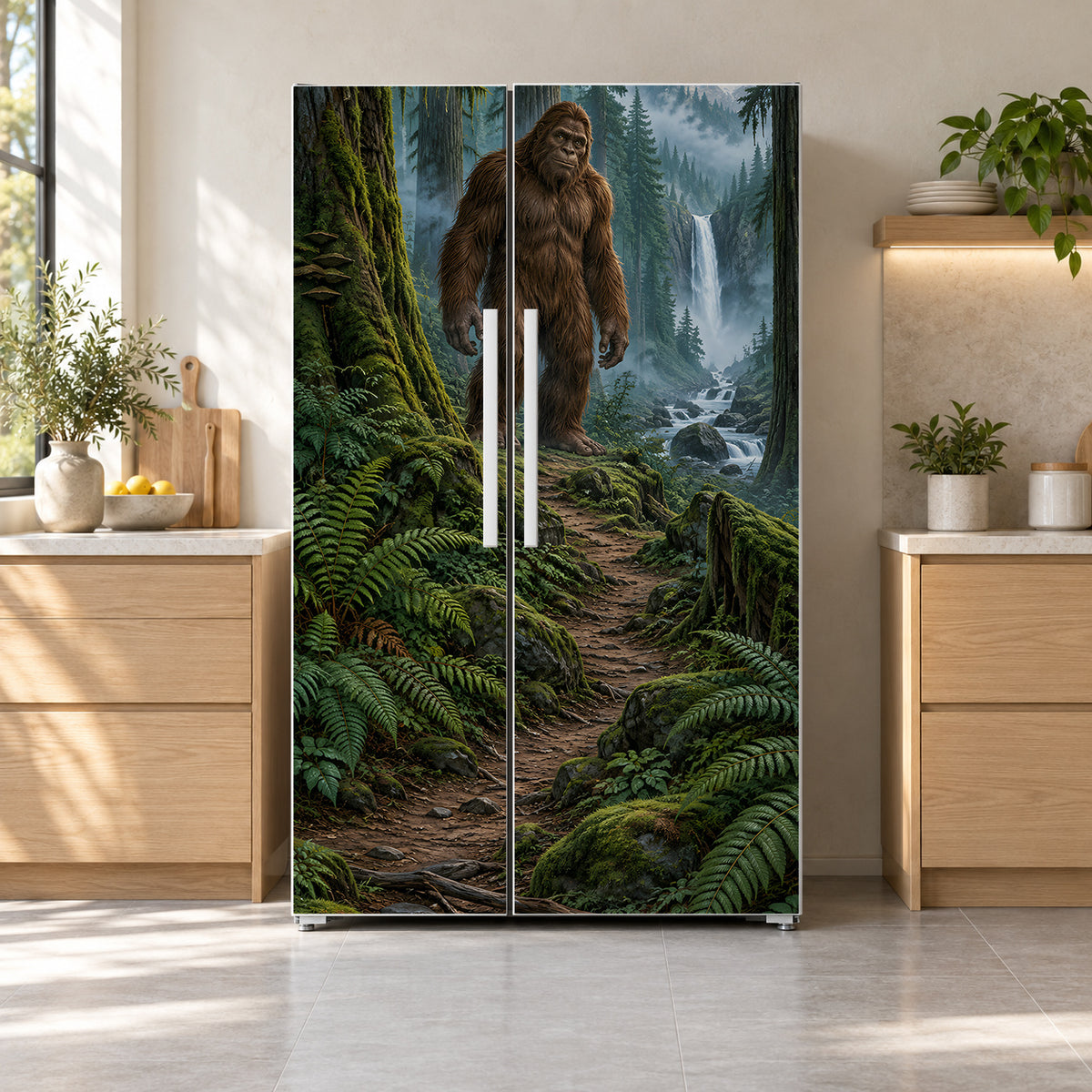 Bigfoot in the Forest fridge wrap on a side-by-side refrigerator