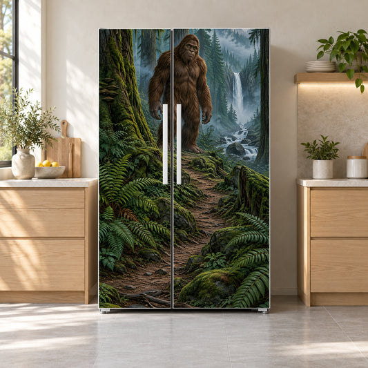 Bigfoot in the Forest fridge wrap on a side-by-side refrigerator