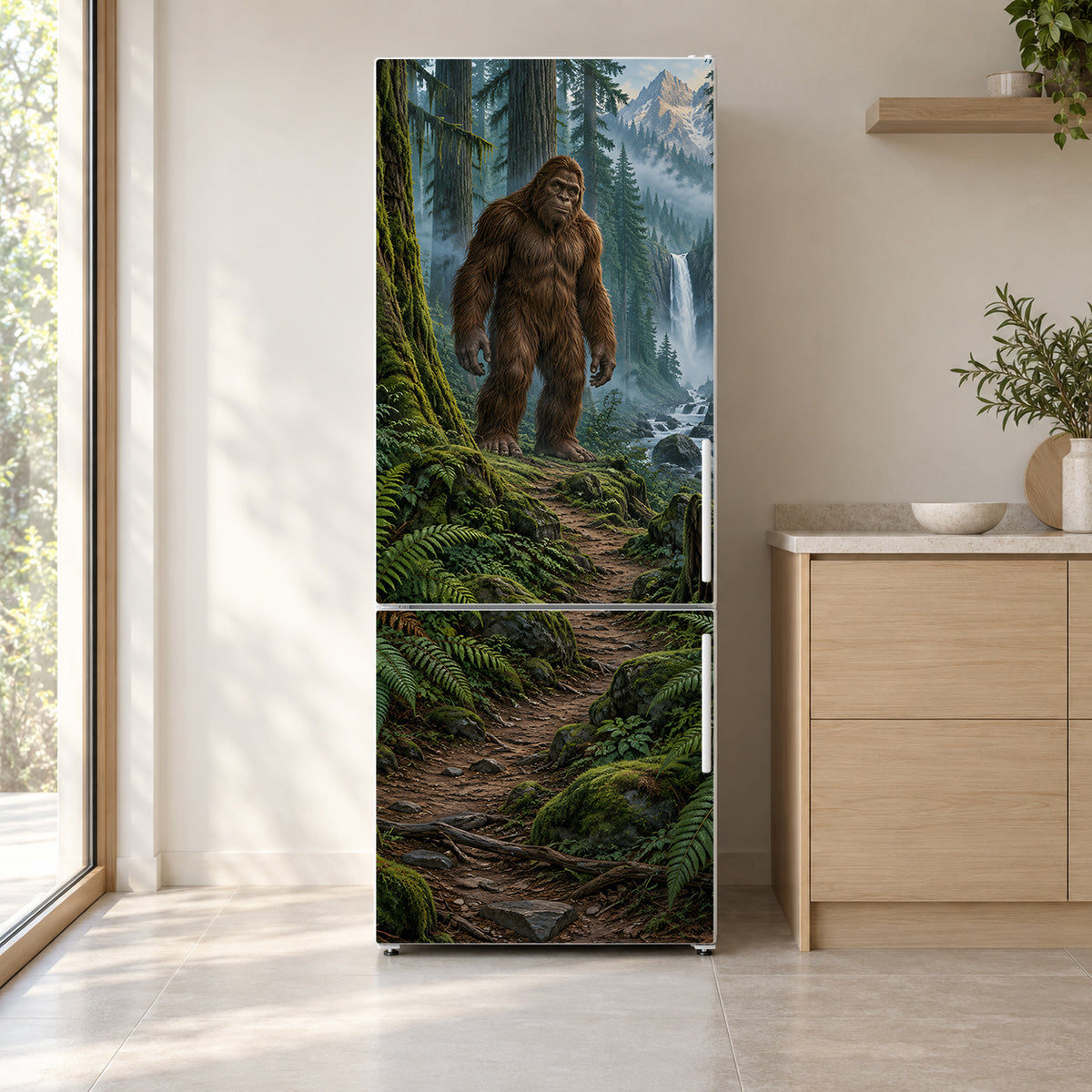 Bigfoot in the Forest fridge wrap on a white refrigerator in a bright kitchen