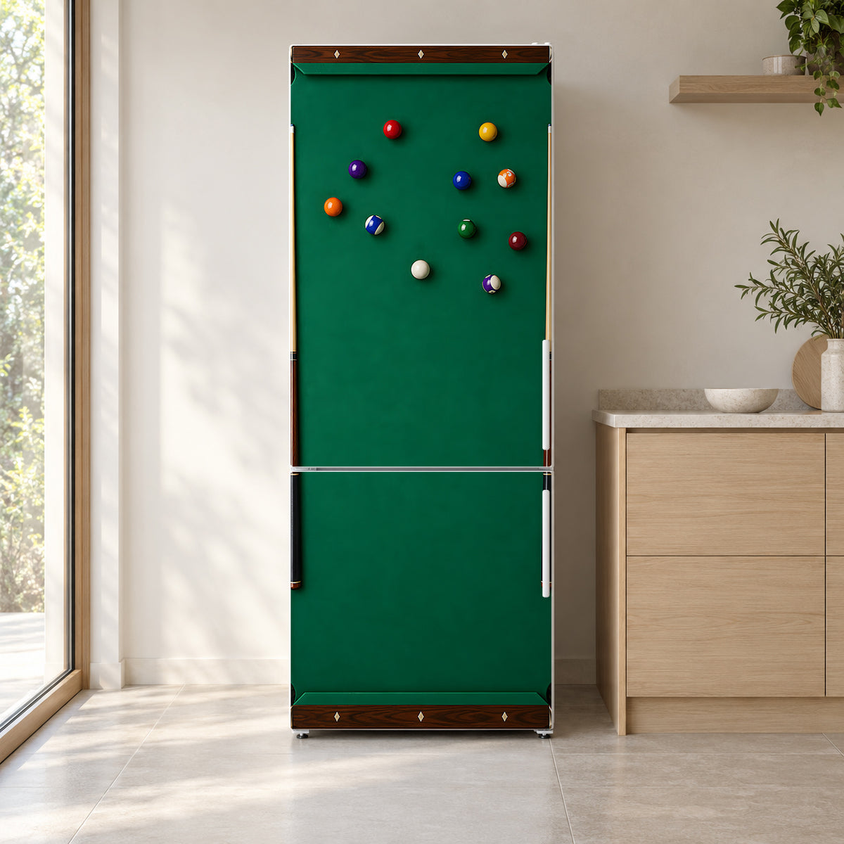 Billiards Table fridge wrap on a white refrigerator in a bright kitchen