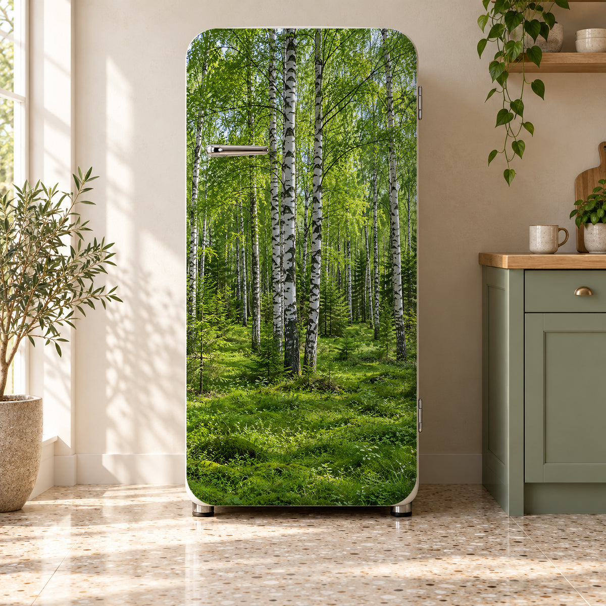Birch Forest fridge wrap on a retro refrigerator
