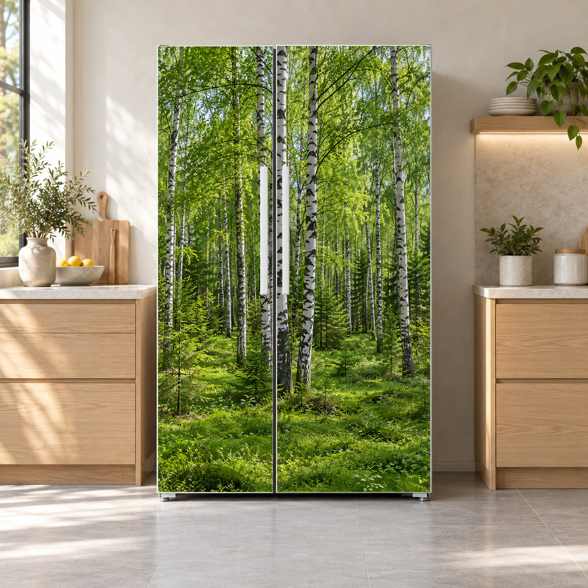 Birch Forest fridge wrap on a side-by-side refrigerator