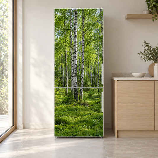 Birch Forest fridge wrap on a white refrigerator in a bright kitchen