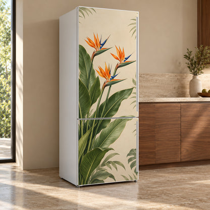 Bird of Paradise fridge wrap, refrigerator shown at an angle