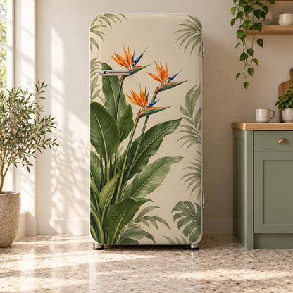 Bird of Paradise fridge wrap on a retro refrigerator