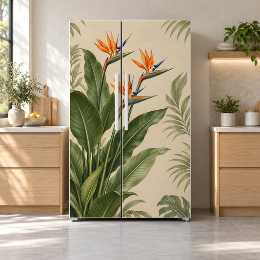 Bird of Paradise fridge wrap on a side-by-side refrigerator