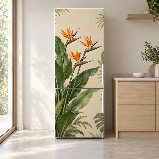 Bird of Paradise fridge wrap on a white refrigerator in a bright kitchen