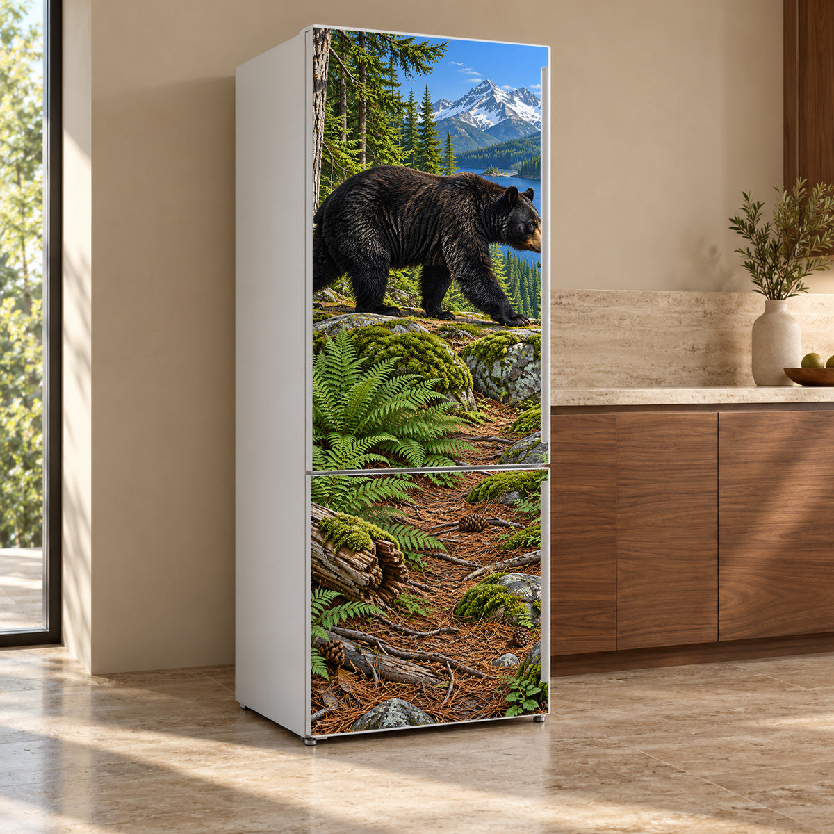 Black Bear Woods fridge wrap, refrigerator shown at an angle