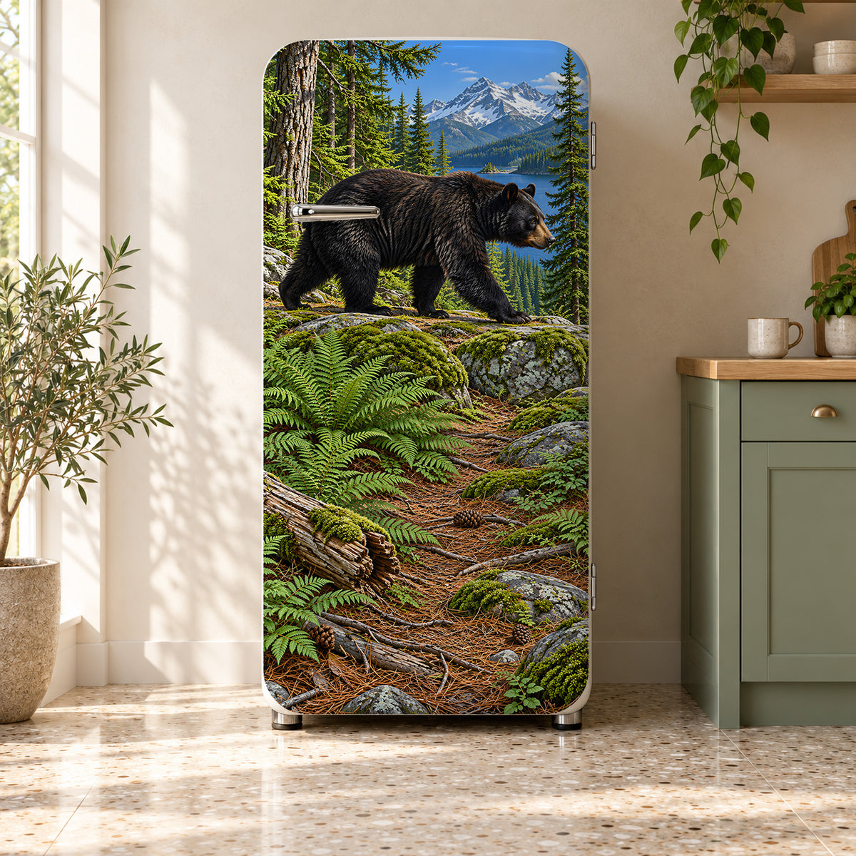 Black Bear Woods fridge wrap on a retro refrigerator