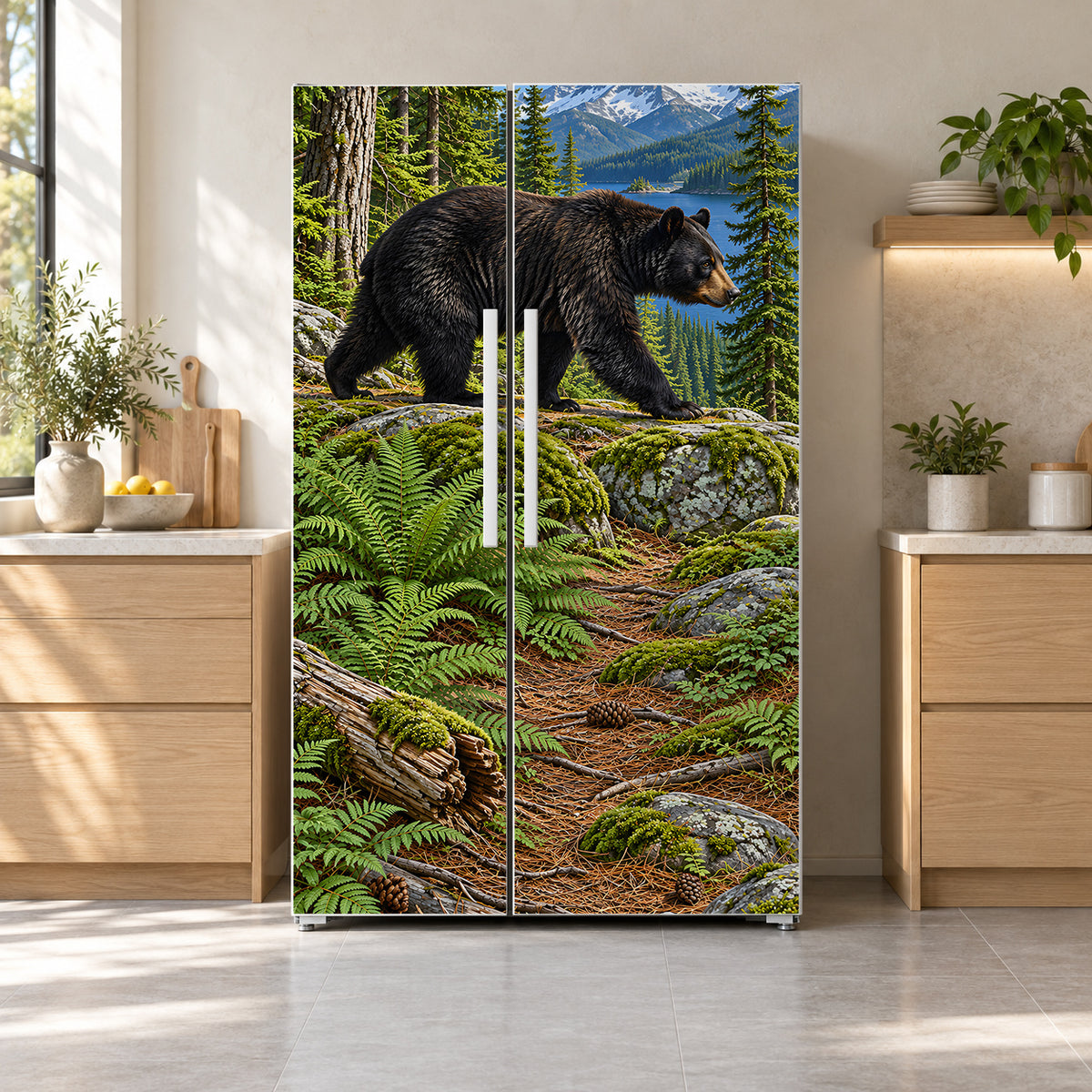 Black Bear Woods fridge wrap on a side-by-side refrigerator
