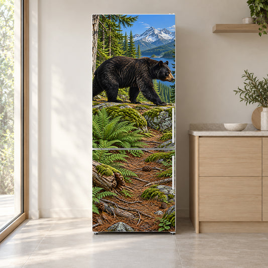 Black Bear Woods fridge wrap on a white refrigerator in a bright kitchen
