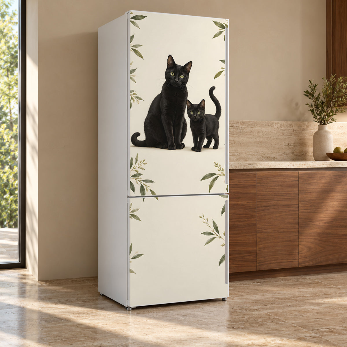 Black Cats fridge wrap, refrigerator shown at an angle