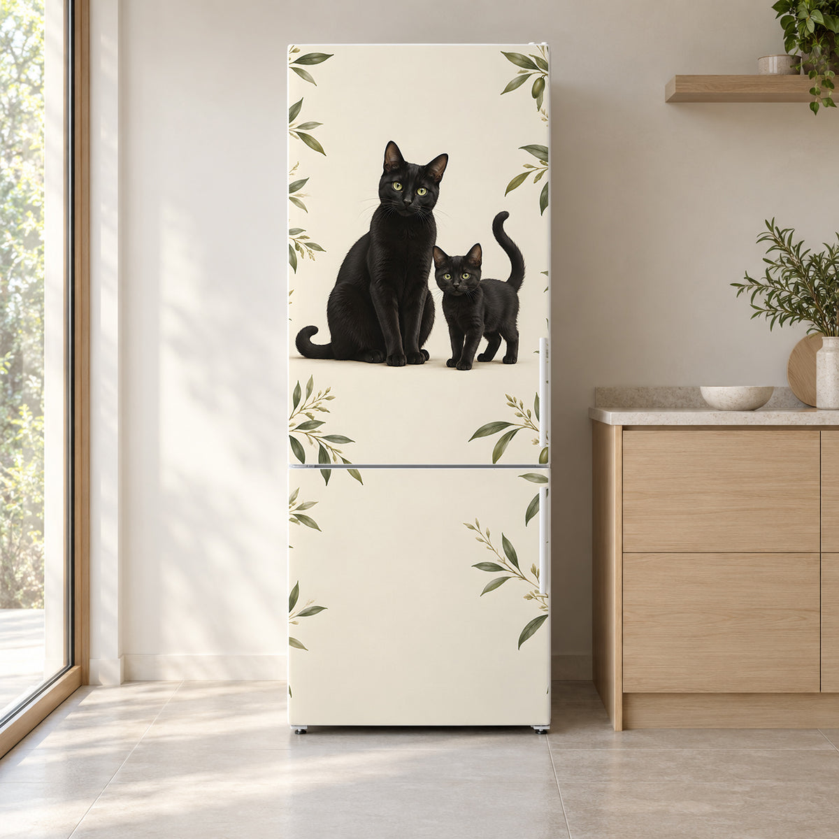 Black Cats fridge wrap on a white refrigerator in a bright kitchen