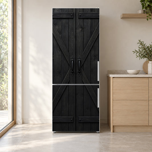 Black Farmhouse Doors fridge wrap on a white refrigerator in a bright kitchen