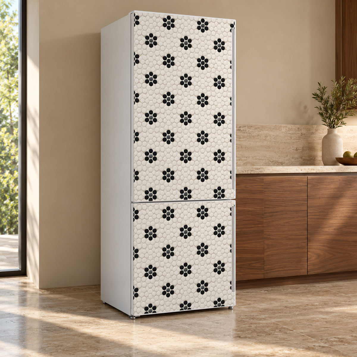 Black Flower Penny Tile fridge wrap, refrigerator shown at an angle