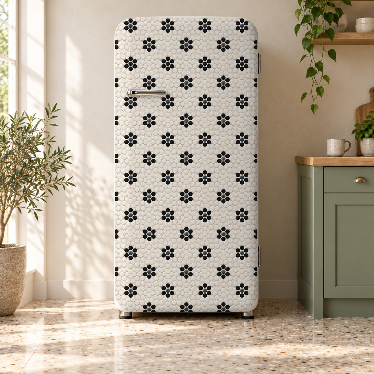 Black Flower Penny Tile fridge wrap on a retro refrigerator