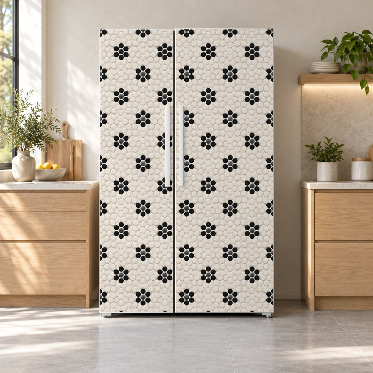 Black Flower Penny Tile fridge wrap on a side-by-side refrigerator