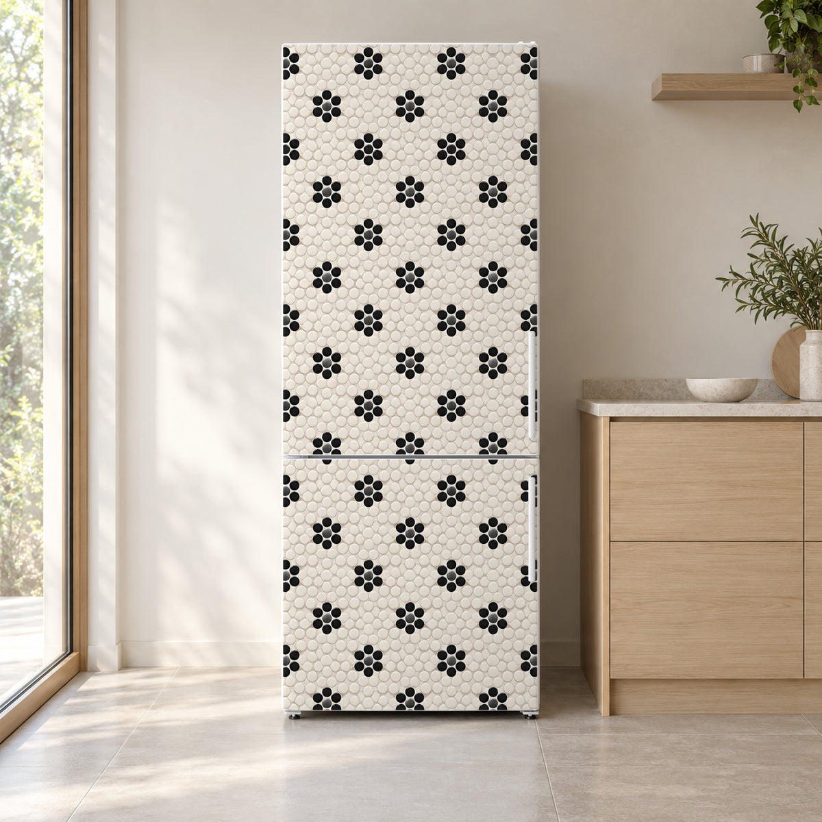 Black Flower Penny Tile fridge wrap on a white refrigerator in a bright kitchen