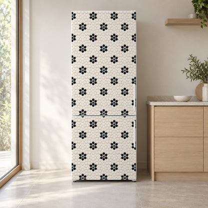 Black Flower Penny Tile fridge wrap on a white refrigerator in a bright kitchen