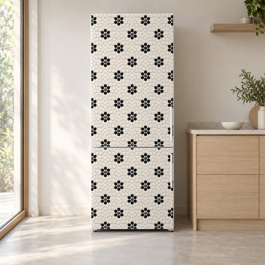 Black Flower Penny Tile fridge wrap on a white refrigerator in a bright kitchen