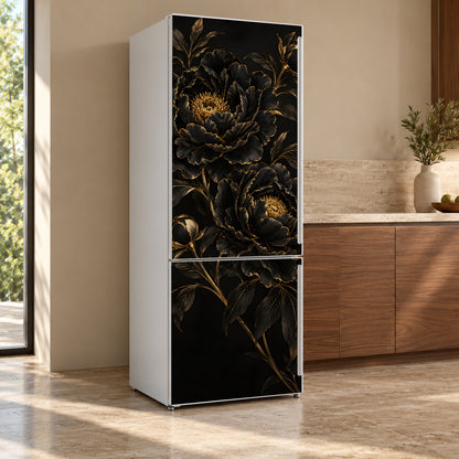 Black & Gold Floral fridge wrap, refrigerator shown at an angle