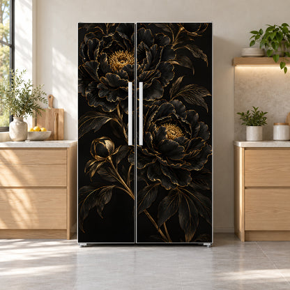 Black & Gold Floral fridge wrap on a side-by-side refrigerator