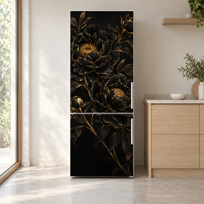 Black & Gold Floral fridge wrap on a white refrigerator in a bright kitchen