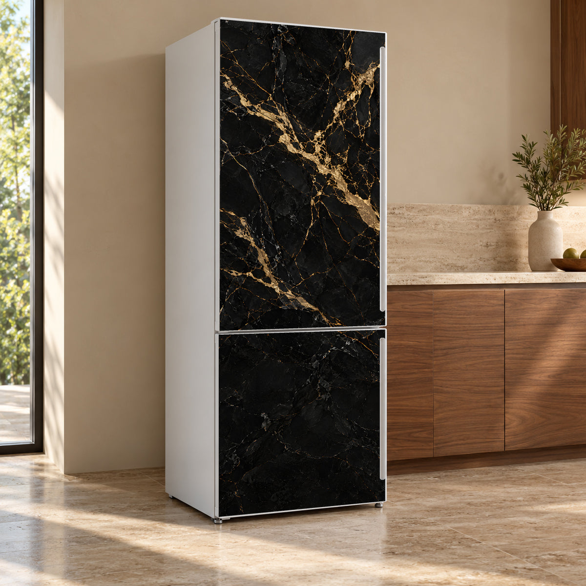 Black & Gold Marble fridge wrap, refrigerator shown at an angle