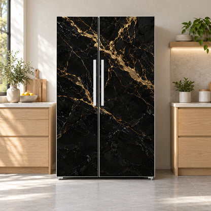 Black & Gold Marble fridge wrap on a side-by-side refrigerator
