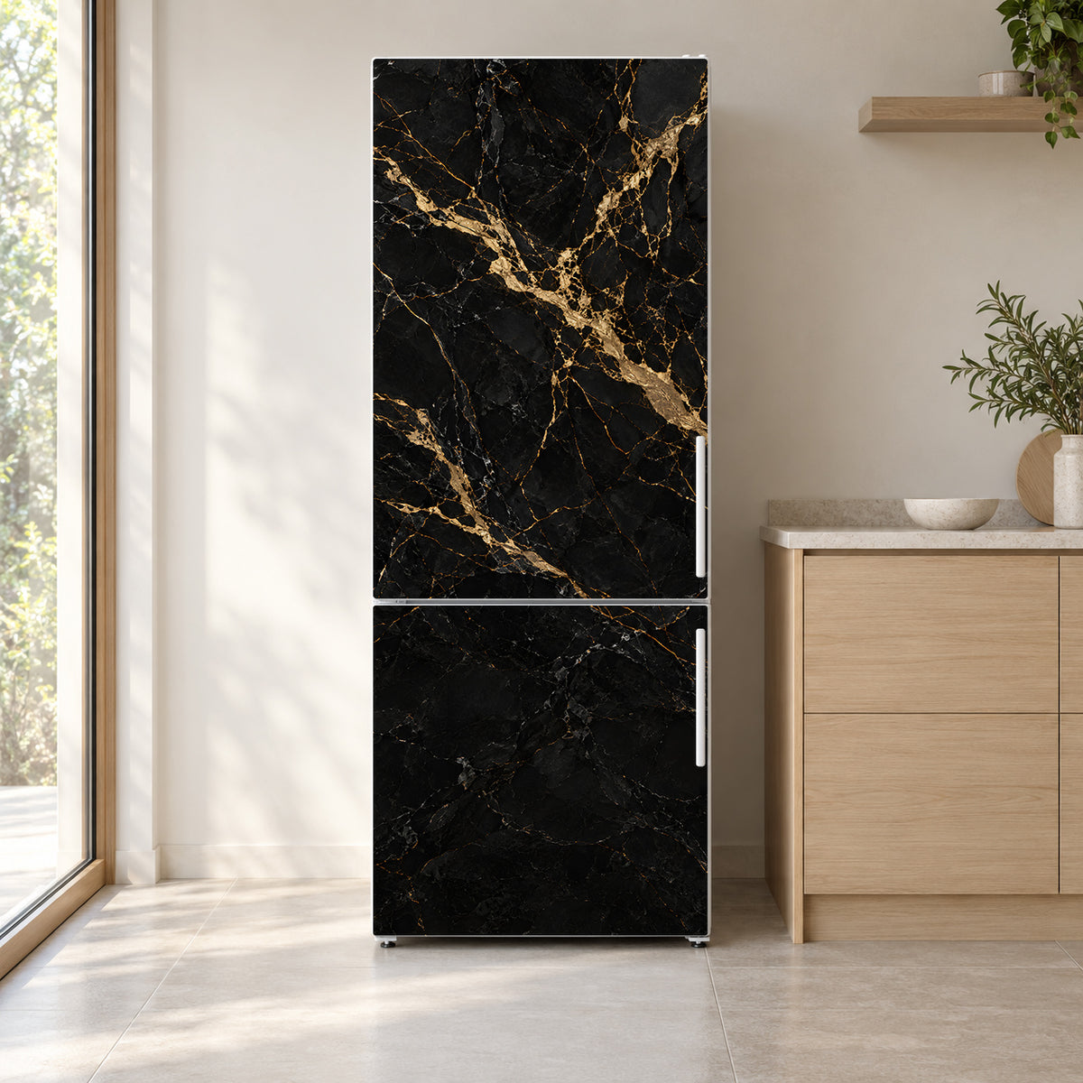 Black & Gold Marble fridge wrap on a white refrigerator in a bright kitchen