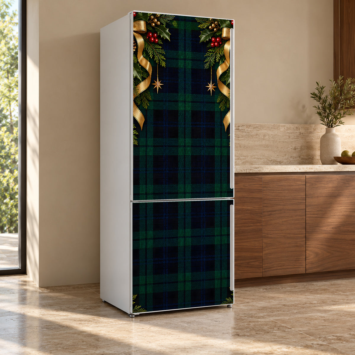 Black Watch Tartan Christmas fridge wrap, refrigerator shown at an angle