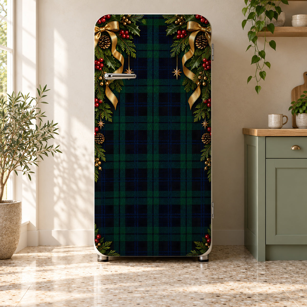 Black Watch Tartan Christmas fridge wrap on a retro refrigerator