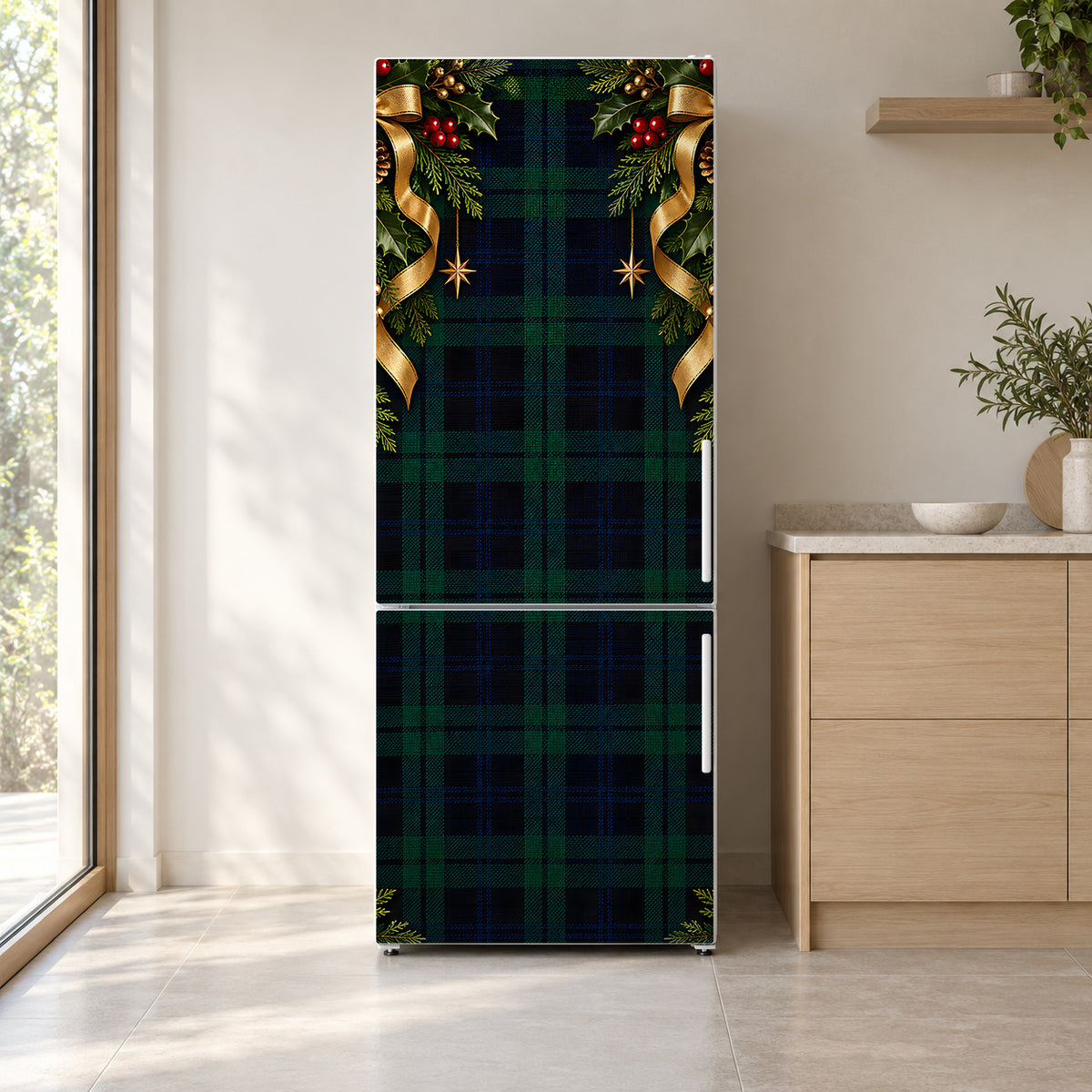 Black Watch Tartan Christmas fridge wrap on a white refrigerator in a bright kitchen