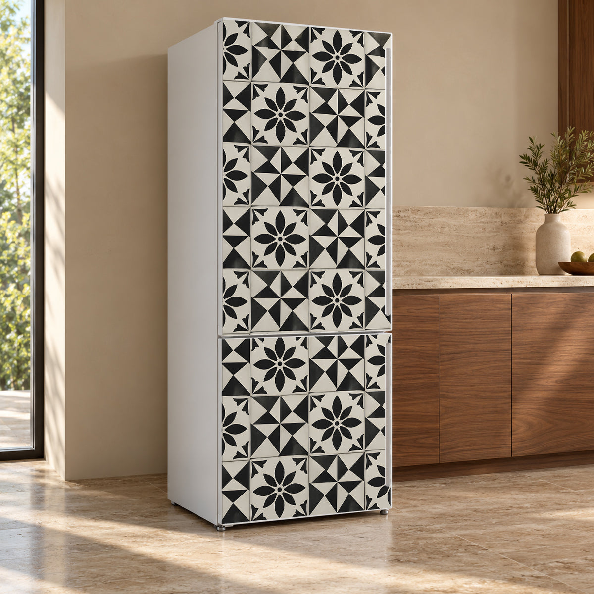 Black & White Cement Tiles fridge wrap, refrigerator shown at an angle
