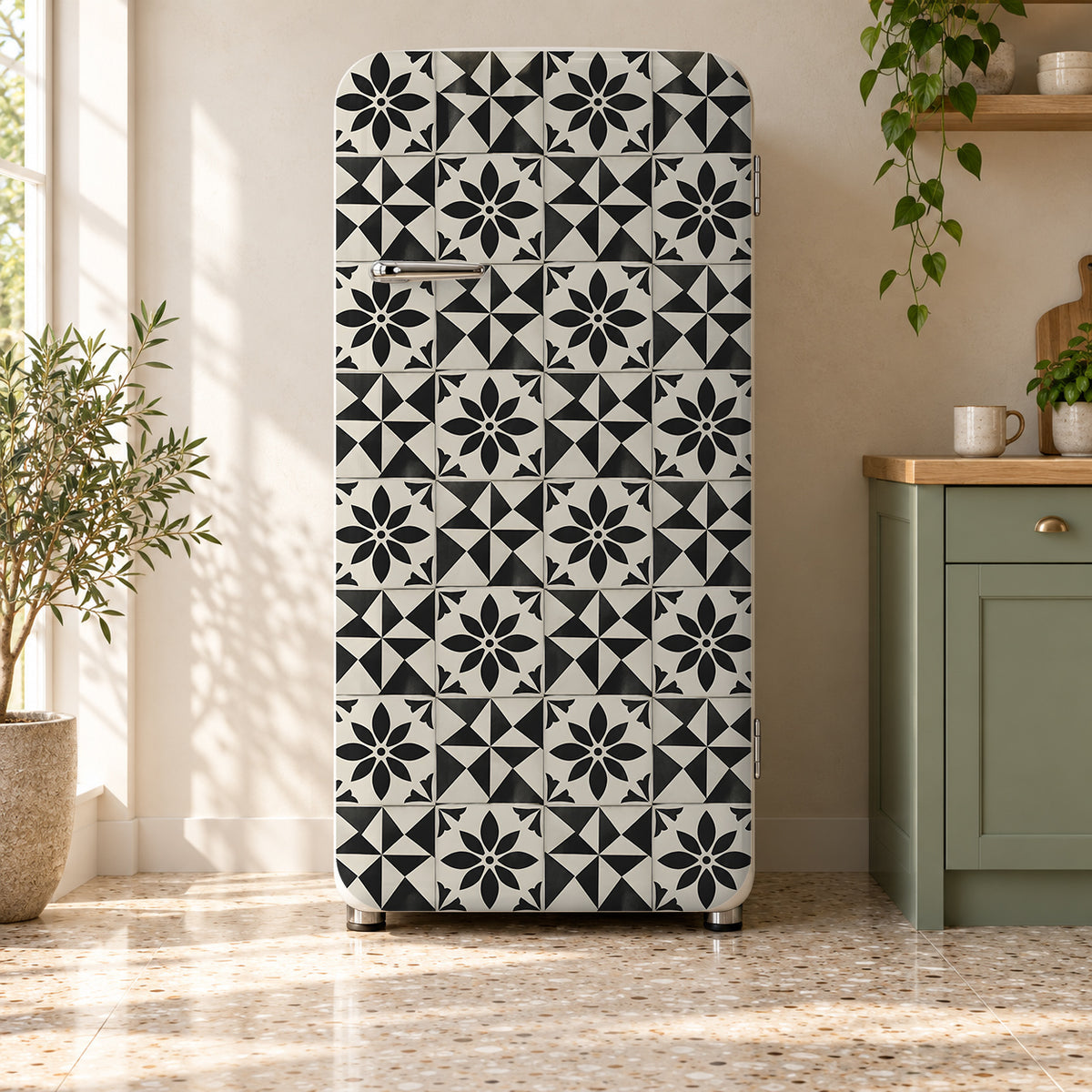 Black & White Cement Tiles fridge wrap on a retro refrigerator