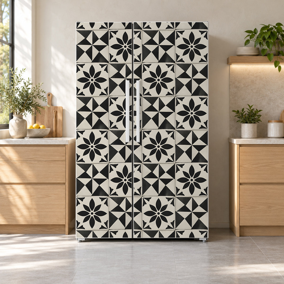 Black & White Cement Tiles fridge wrap on a side-by-side refrigerator