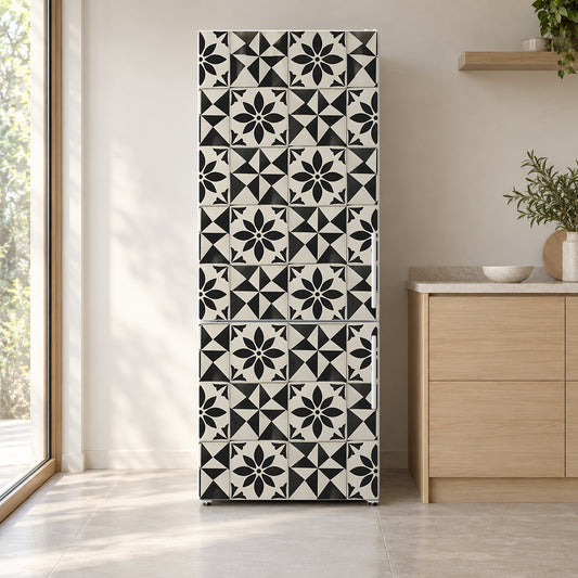 Black & White Cement Tiles fridge wrap on a white refrigerator in a bright kitchen