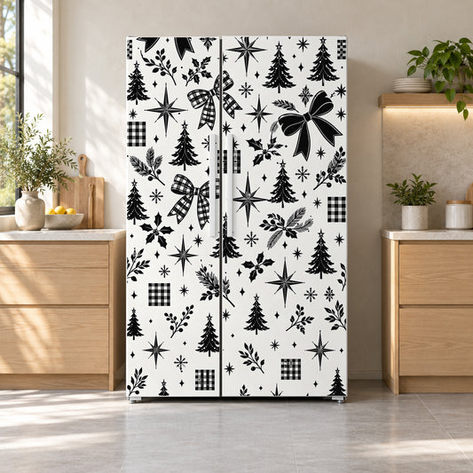 Black & White Christmas fridge wrap on a side-by-side refrigerator