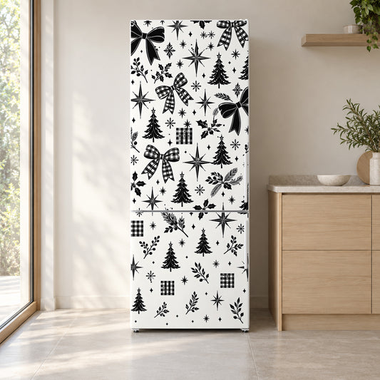 Black & White Christmas fridge wrap on a white refrigerator in a bright kitchen