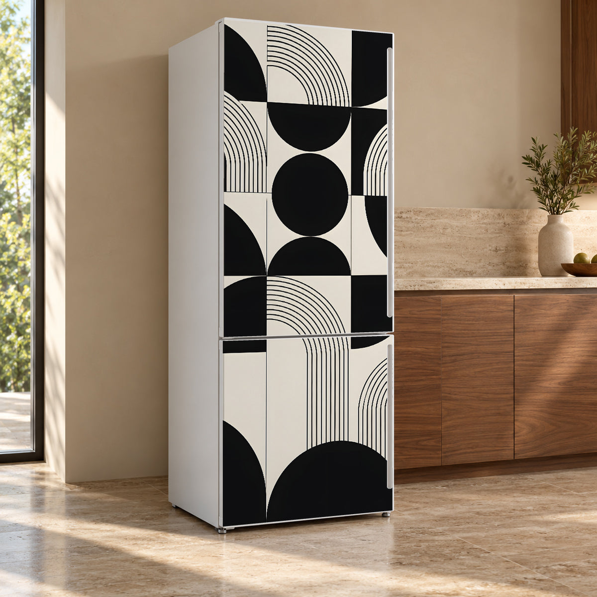 Black & White Geometric fridge wrap, refrigerator shown at an angle